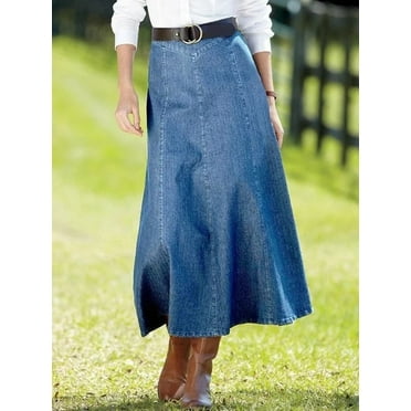 X-Large Dark Blue Womens Basic Ultra Soft Lightweight Denim Fit and Flare A-Line Ankle Length Maxi Skirt